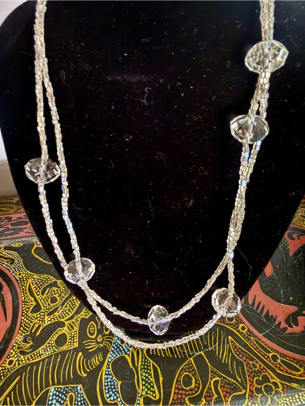 Vintage Clear Glass Beaded Long Layered Necklace / Wrap Bracelet with 🐝 charm